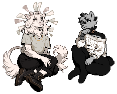 a pixel art image of Ens (right) and B (left) sitting together